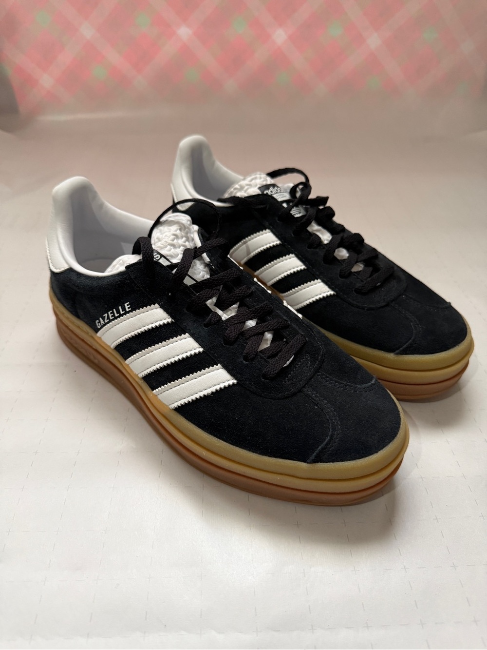 adidas bold Gazelle Black Suede Sneakers with White Stripes and Gum Sole - Picture 3 of 3